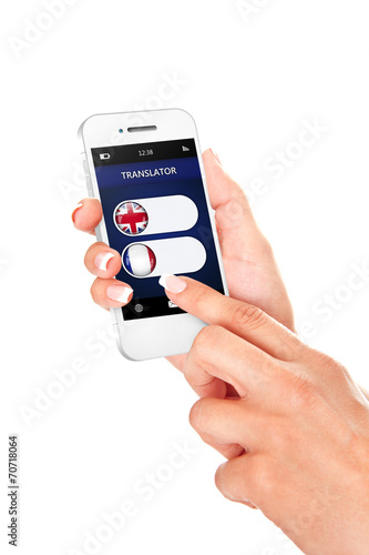 hands holding mobile phone with language translator application