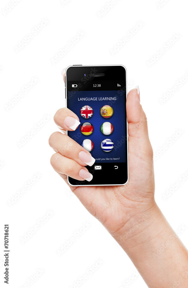 hand, holding mobile phone with language learning application ov