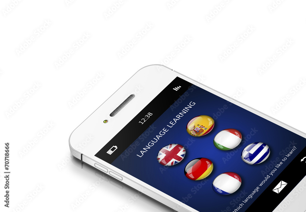mobile phone with language learning application over white mobile phone with language learning application over white
