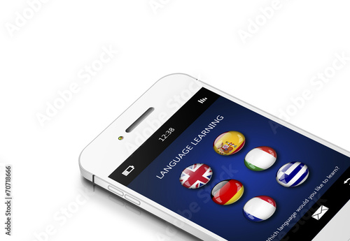 mobile phone with language learning application over white