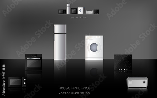 Kitchen and house appliances: microwave, washing machine, refrig
