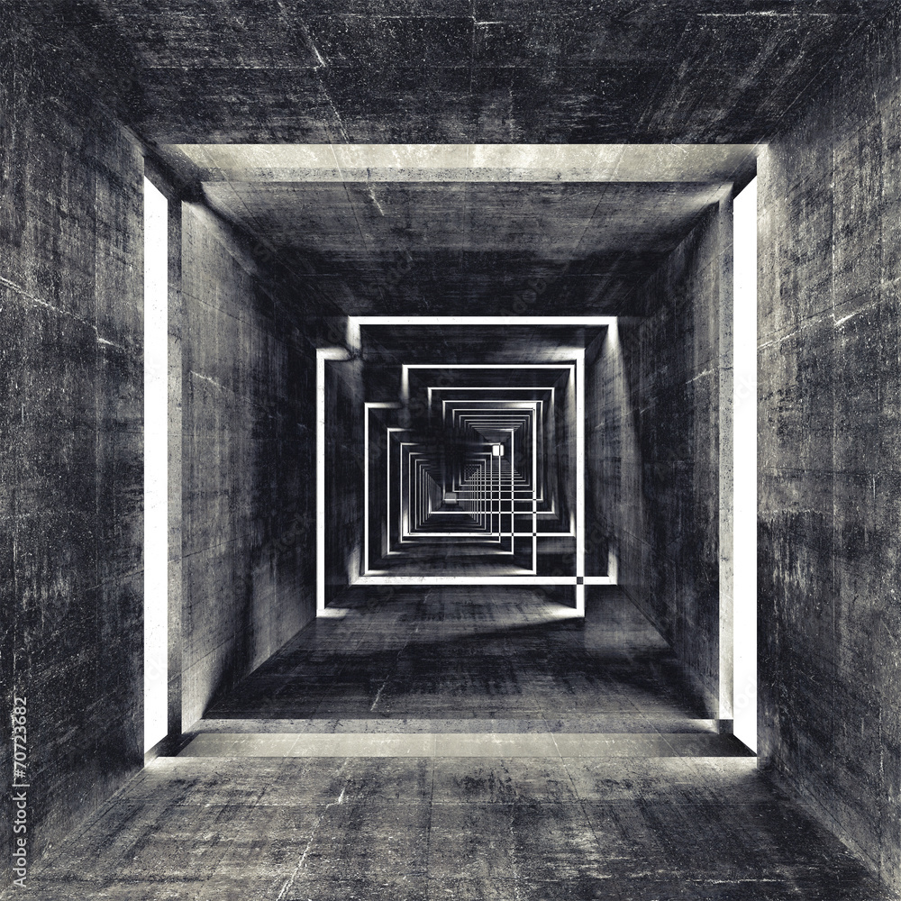 Fototapeta premium Abstrakta kwadrata zmroku betonu tunelu wnętrze, 3d tło