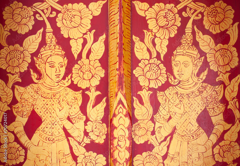 Obraz premium thai gold lacquer gilt temple door detail