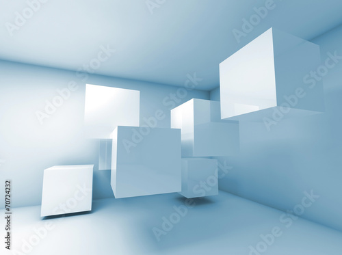 Abstract blue interior with flying cubes. 3d render