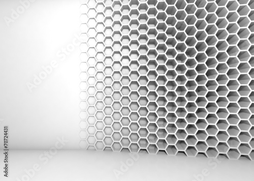 Abstract white 3d interior with honeycomb pattern on the wall