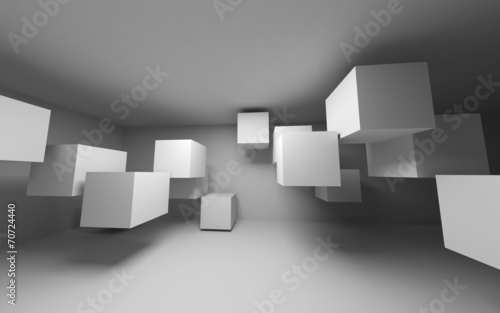 Abstract white interior with flying cubes. 3d render