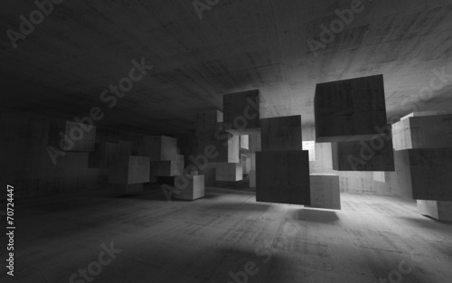 Abstract concrete interior with flying cubes. 3d render
