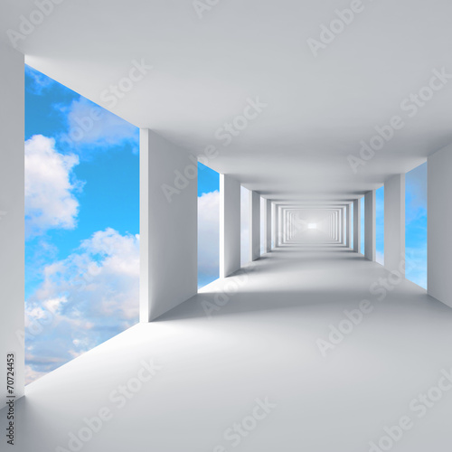 Fototapeta Naklejka Na Ścianę i Meble -  Abstract 3d architecture, empty corridor with sky on background
