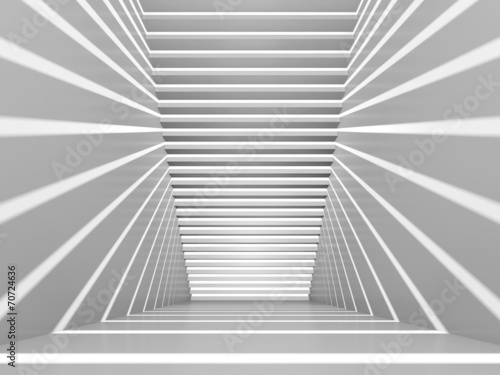 Abstract white 3d interior with staircase and light beams