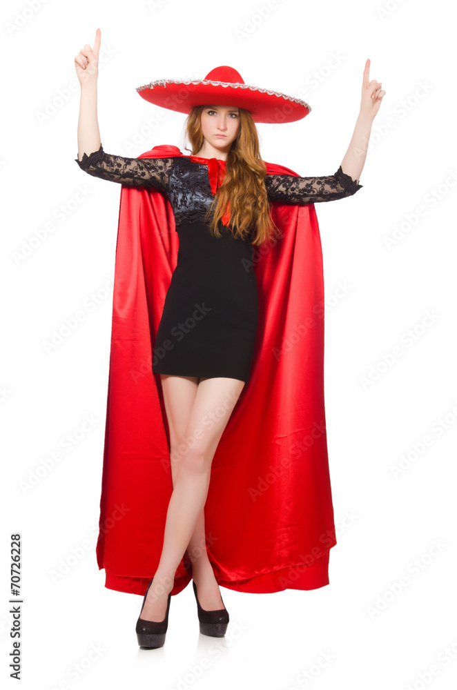 Mexican woman in red clothing on white