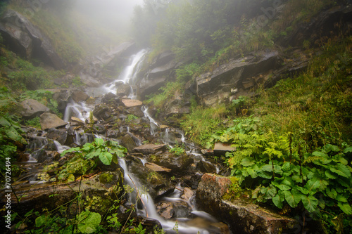Foggy forest waterfall