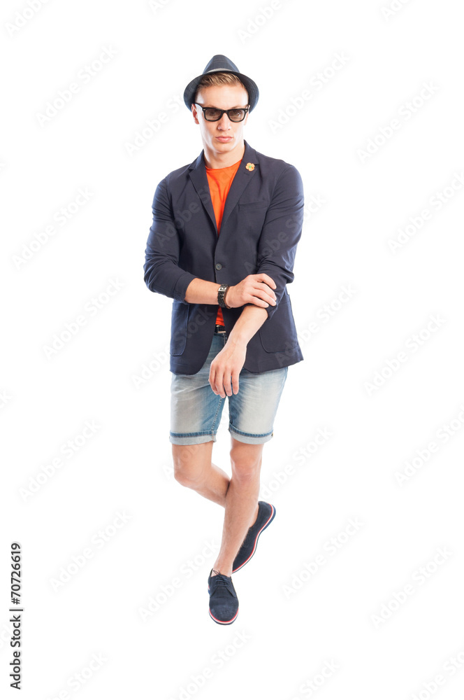 T-shirt, elegant jacket, short jeans, hat and sunglasses. T-shirt, elegant jacket, short jeans, hat and sunglasses.