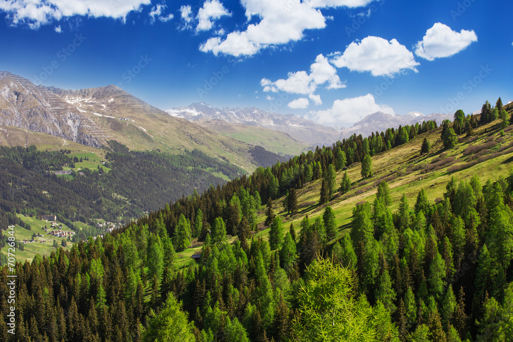 View to Swiss Alps from the top of  Rinerhorn mountain, Davos, S