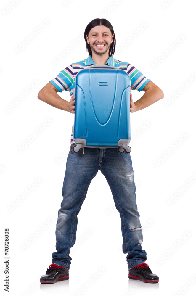 Young man travelling with suitcases isolated on white Young man travelling with suitcases isolated on white