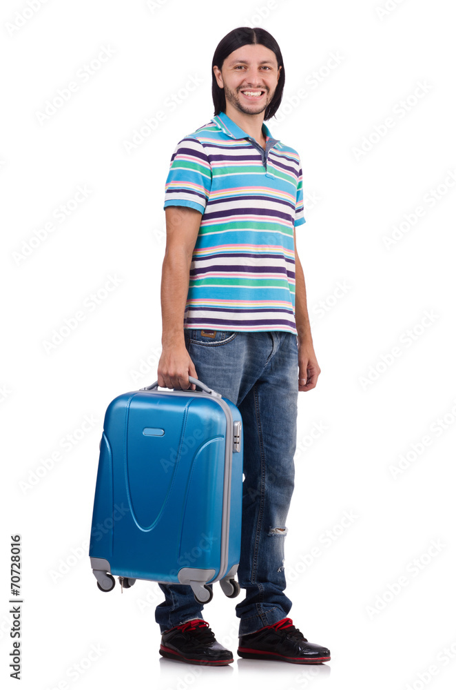 Young man travelling with suitcases isolated on white Young man travelling with suitcases isolated on white