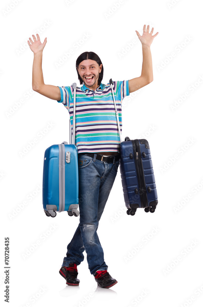 Young man travelling with suitcases isolated on white Young man travelling with suitcases isolated on white