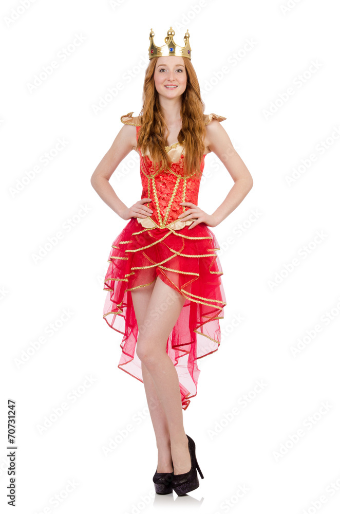 Queen in red dress isolated on white Queen in red dress isolated on white