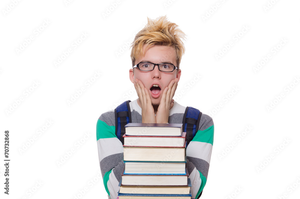 Funny student with stack of books