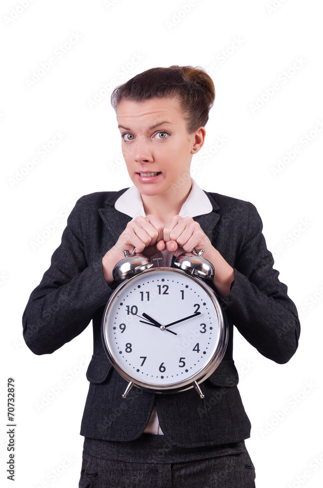 Businesswoman with clock missing her deadlines Businesswoman with clock missing her deadlines