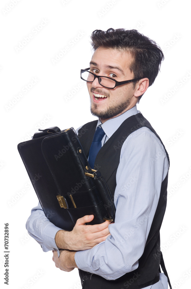 Funny businessman with briefcase isolated on white Funny businessman with briefcase isolated on white