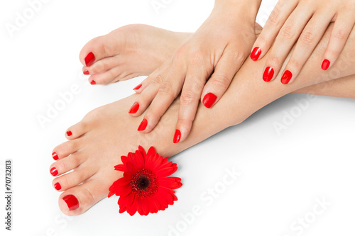 Fotografie Woman with beautiful red manicured nails