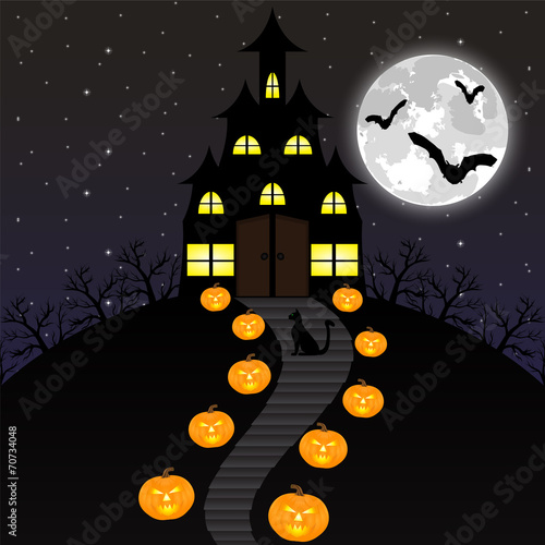 Castle witches and pumpkins on Halloween
