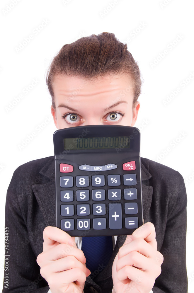 Woman with calculator in fraud concept isolated on white Woman with calculator in fraud concept isolated on white