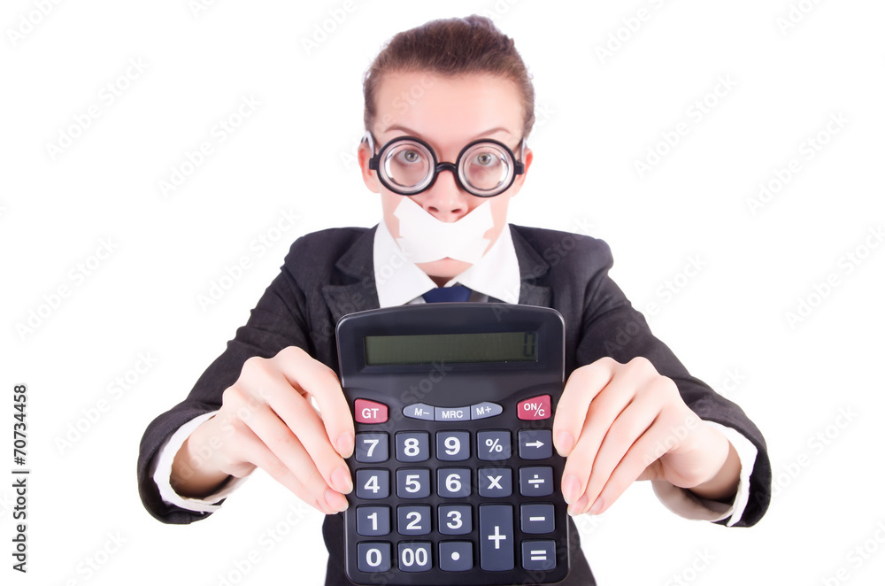 Woman with calculator in fraud concept isolated on white Woman with calculator in fraud concept isolated on white