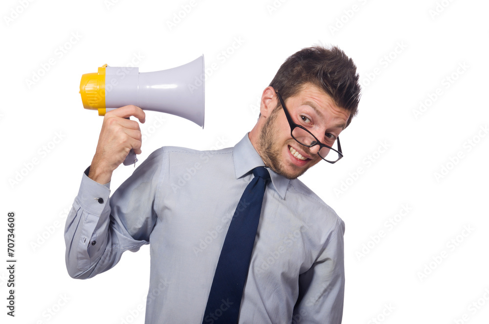 Young businessman with loudspeaker on white Young businessman with loudspeaker on white