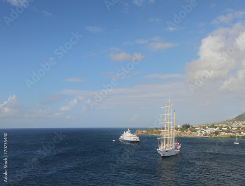Motor and sailing yachts at coast of Saint Kitts