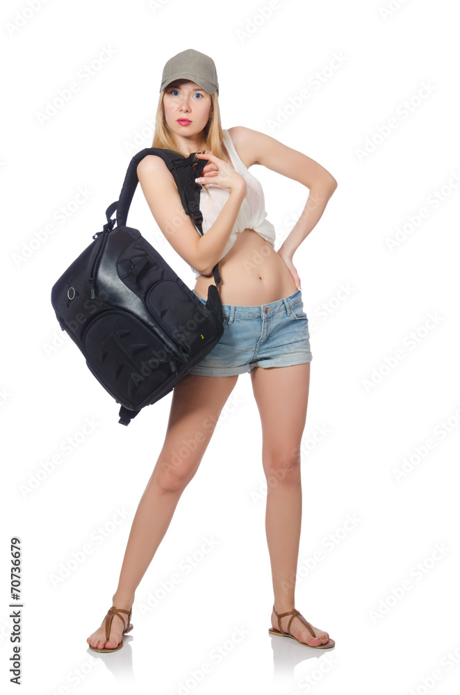 Woman with backpack isolated on white Woman with backpack isolated on white