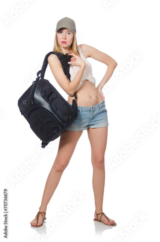 Woman with backpack isolated on white