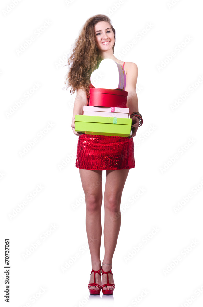 Woman in red dress with christmas gifts Woman in red dress with christmas gifts