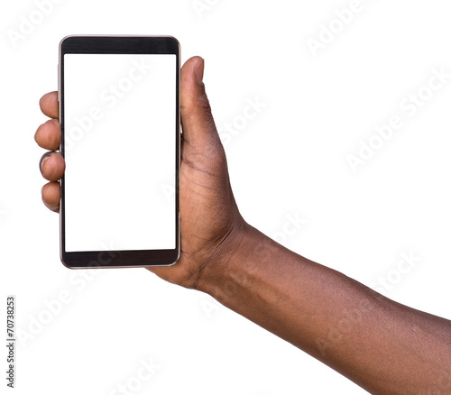 Hand holding smart phone with blank screen