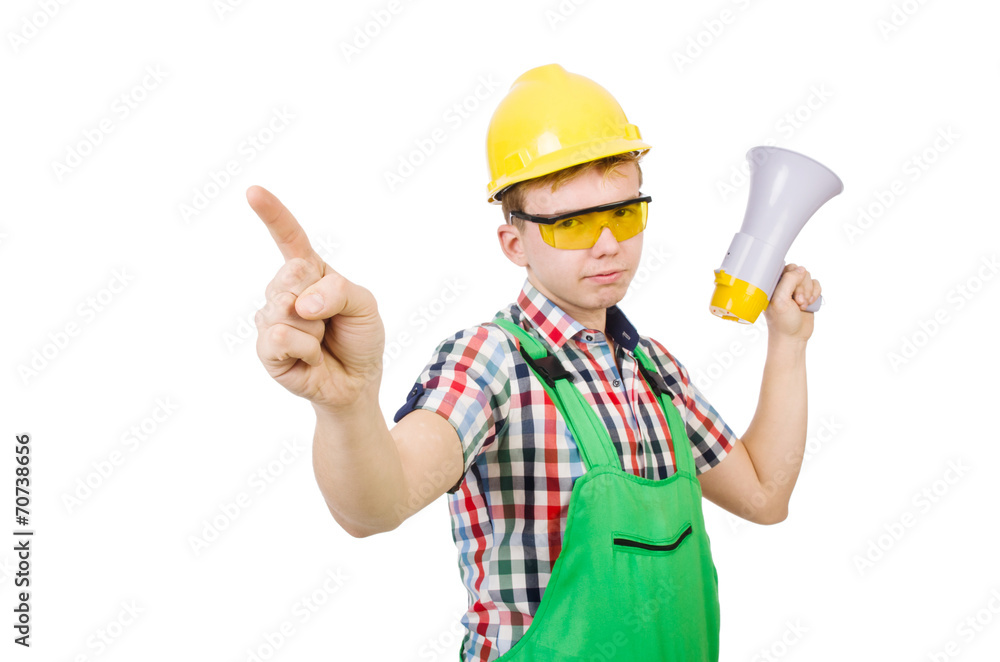 Funny construction worker with loudspeaker on white Funny construction worker with loudspeaker on white