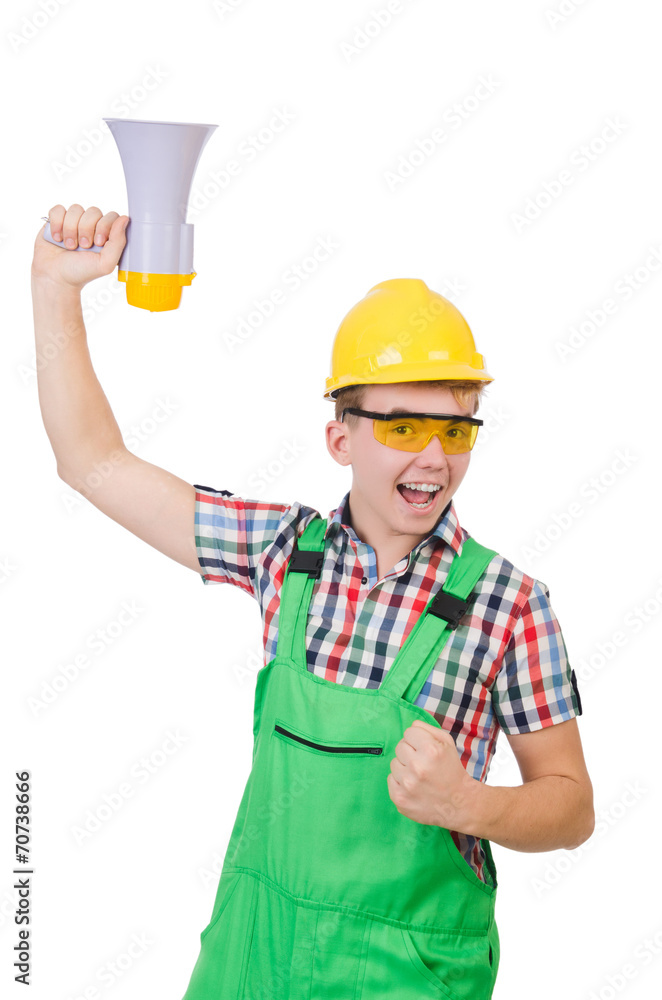 Funny construction worker with loudspeaker on white Funny construction worker with loudspeaker on white