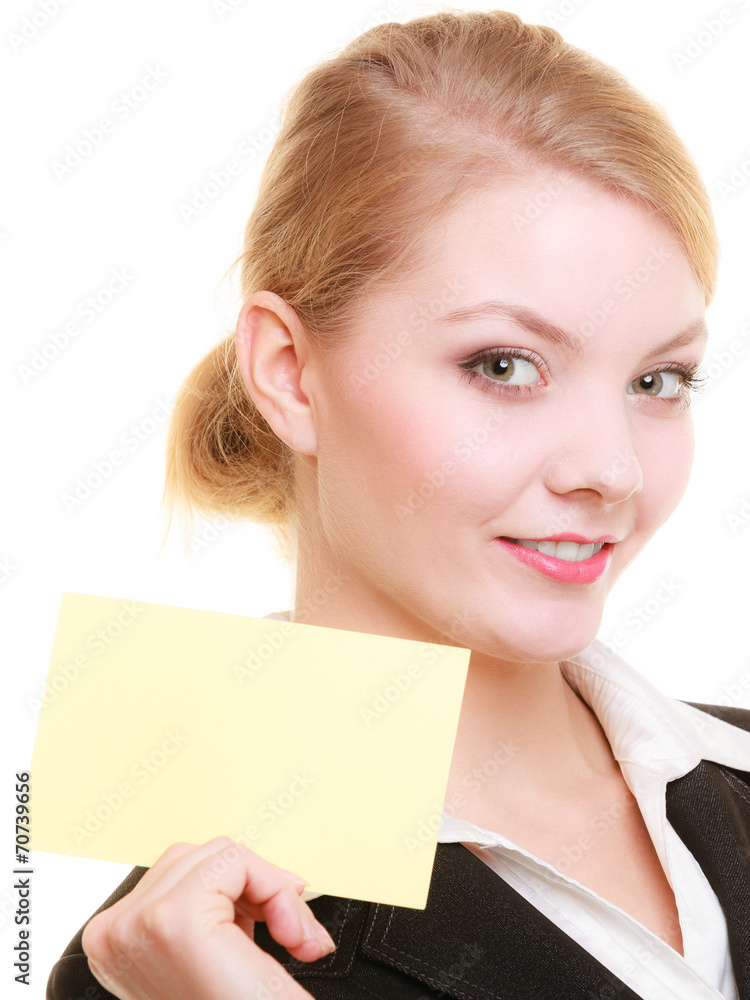 Ad. Businesswoman holding blank copy space card Ad. Businesswoman holding blank copy space card