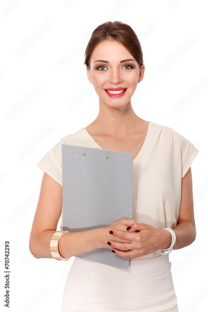 Portrait of a business woman holding folder , Isolated on white Portrait of a business woman holding folder , Isolated on white