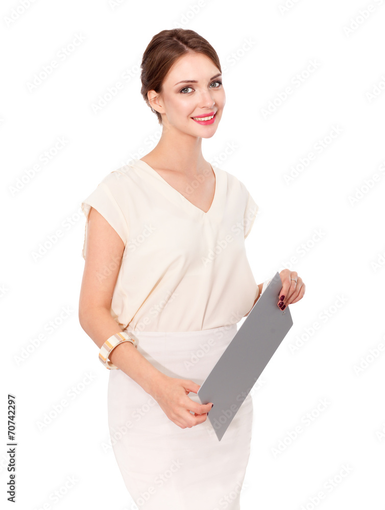 Portrait of a business woman holding folder , Isolated on white Portrait of a business woman holding folder , Isolated on white