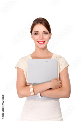 Portrait of a business woman holding folder , Isolated on white