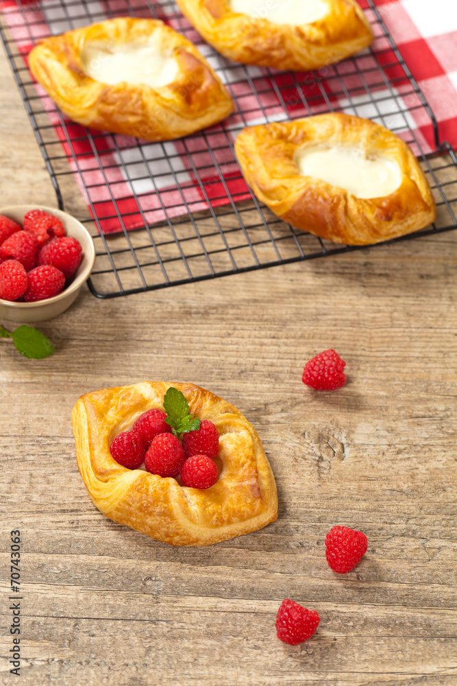 Raspberry pastries. Selective focus. Raspberry pastries. Selective focus.