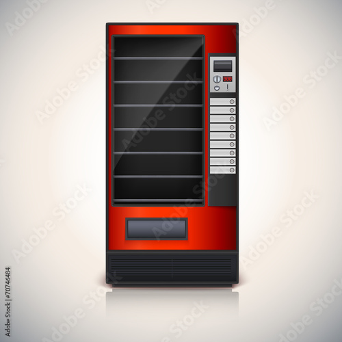 Vending Machine with shelves, red coloor.