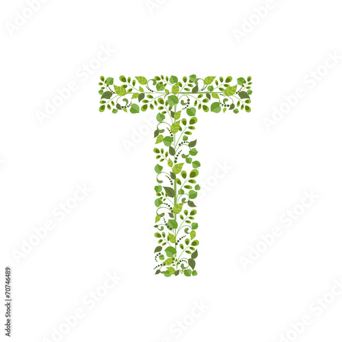 Spring green leaves. eco letter T