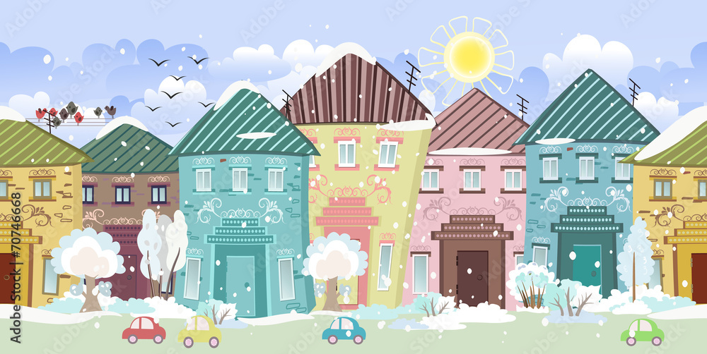 seamless border with cute houses and trees. winter