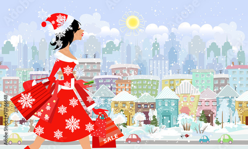 fashion girl santa with purchase in a city. seamless panorama