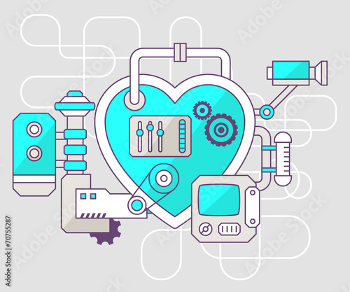 Vector industrial illustration of the mechanism of heart. Color