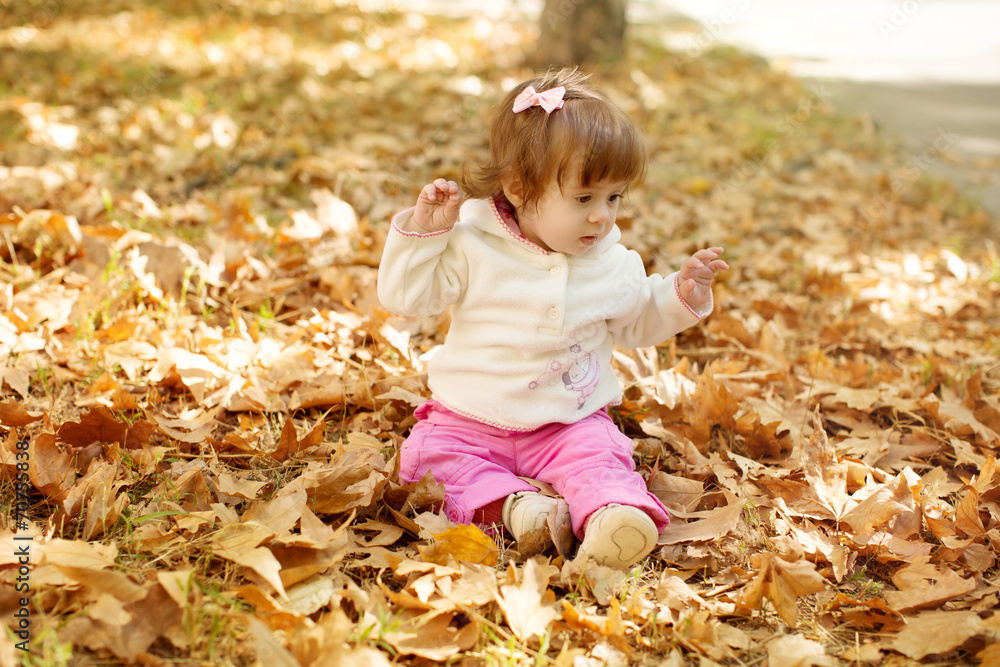Beautiful little girl with autumn leaves in the beauty park Beautiful little girl with autumn leaves in the beauty park