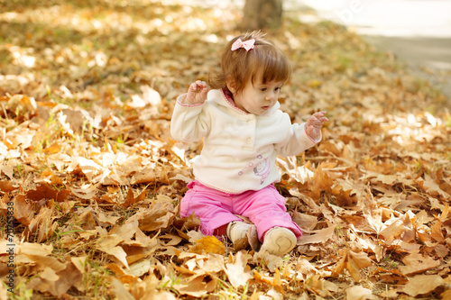Beautiful little girl with autumn leaves in the beauty park
