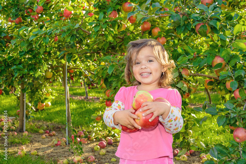 Cute little girl in the garden with apples