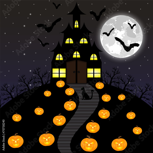 Castle witches and pumpkins on Halloween